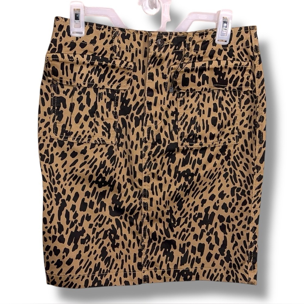Size 8 Susan Betro Denim Leopard Print Front Pockets Skirt Stretch Cotton Animal